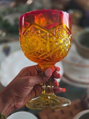 VIKING GLASS AMBERINA STAR PATTERN GOBLET/COMPOTE